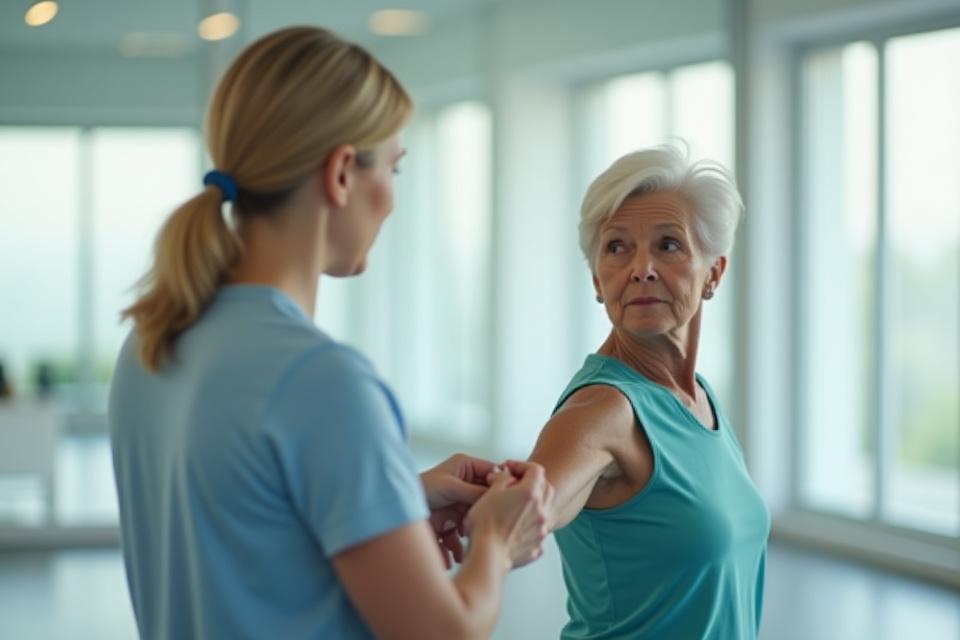 Entrenador de Norte Físico corrigiendo cuidadosamente la postura de una adulta mayor durante un ejercicio, enfatizando la supervisión personalizada.
