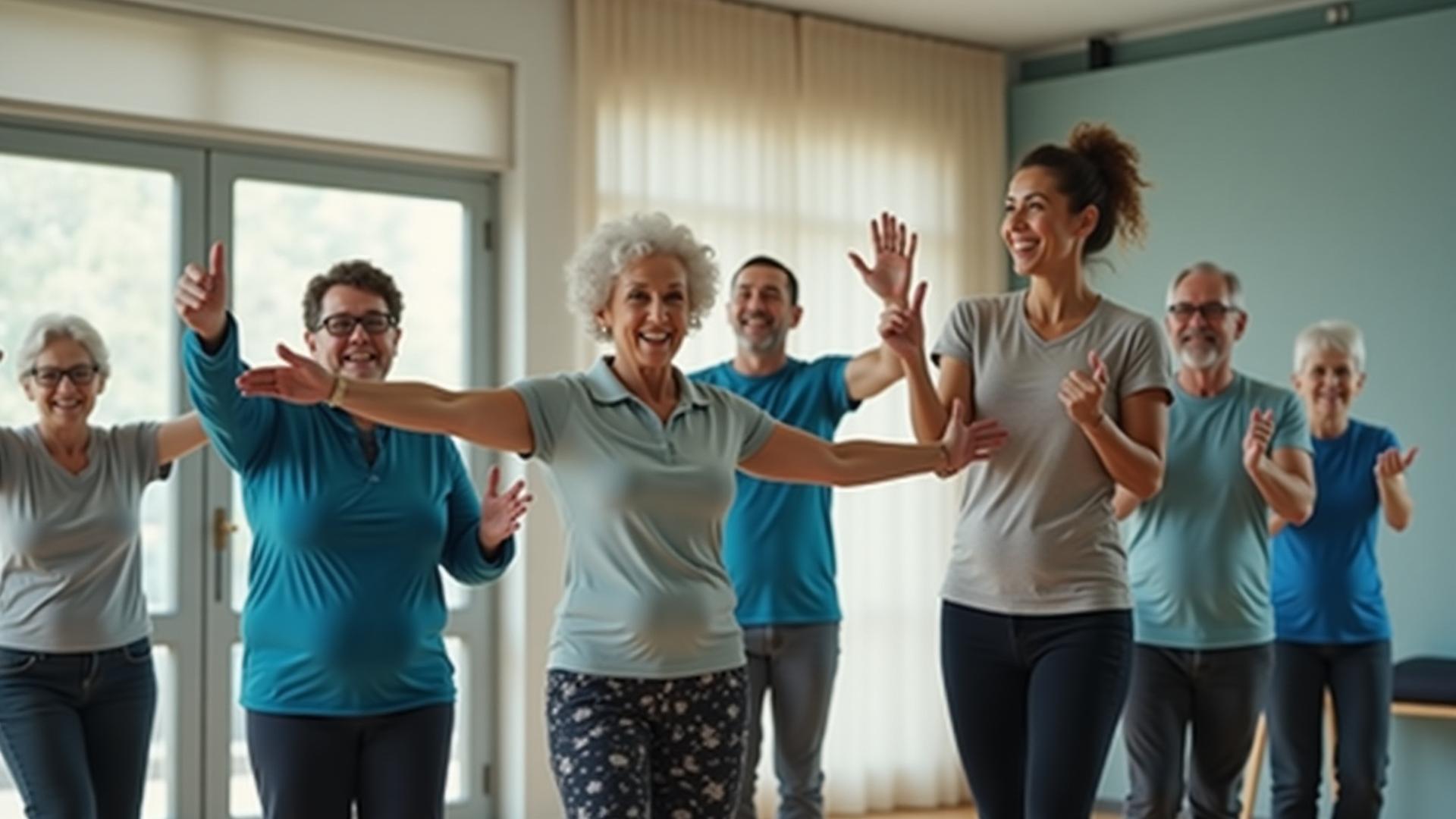 Grupo de adultos mayores sonriendo y realizando un ejercicio de equilibrio ligero guiados por un entrenador atento en un ambiente cálido y moderno de gimnasio.