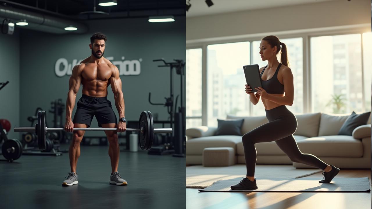 Diseño de pantalla dividida. A la izquierda, una persona entrena intensamente con pesas en un moderno gimnasio de Norte Físico. A la derecha, la misma persona en ropa deportiva realiza ejercicios de flexibilidad frente a una tablet en un salón luminoso en casa, con vegetación de fondo.