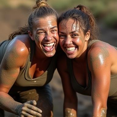 Participantes de Norte Físico cruzando una carrera de obstáculos de lodo, riendo y ayudándose mutuamente