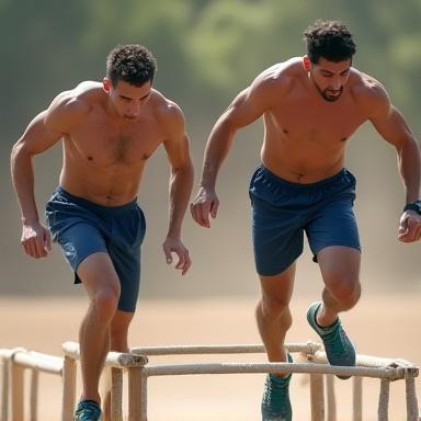 Dos hombres entrenando para una carrera de obstáculos, saltando sobre una valla de madera