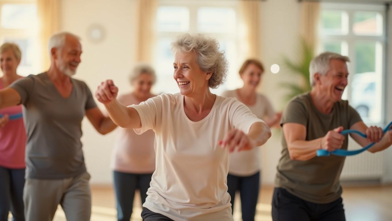 Grupo de adultos mayores sonriendo y riendo mientras realizan ejercicios de movilidad suaves en un gimnasio luminoso