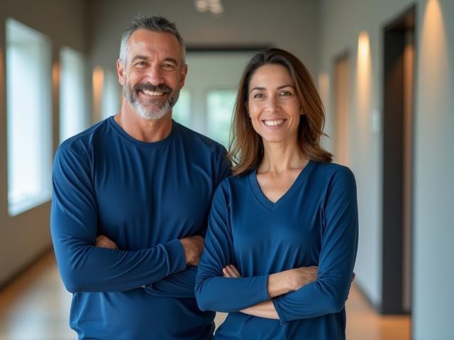 Javier y Sofía, fundadores de Norte Físico, sonriendo en las instalaciones