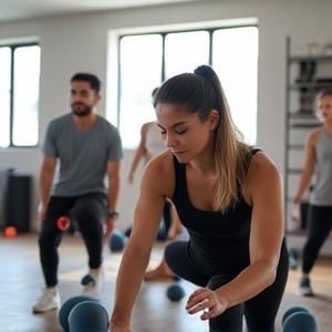 Fisioterapeuta Andrea Castro demostrando ejercicios de movilidad