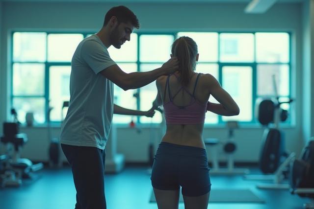 Paciente realizando ejercicios de rehabilitación en un gimnasio moderno.